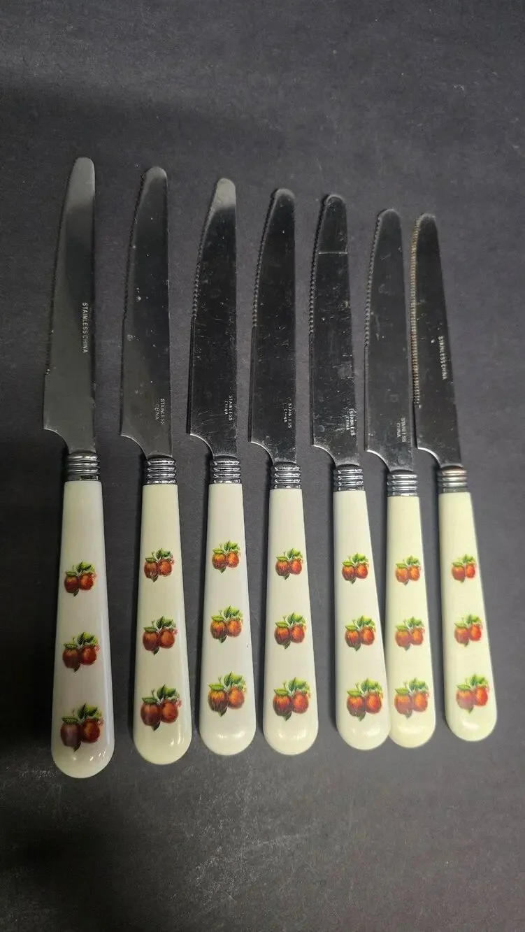 China Pearl Apple Handle Steak Knives Set Of 7 Stainless Kitchen Flatware